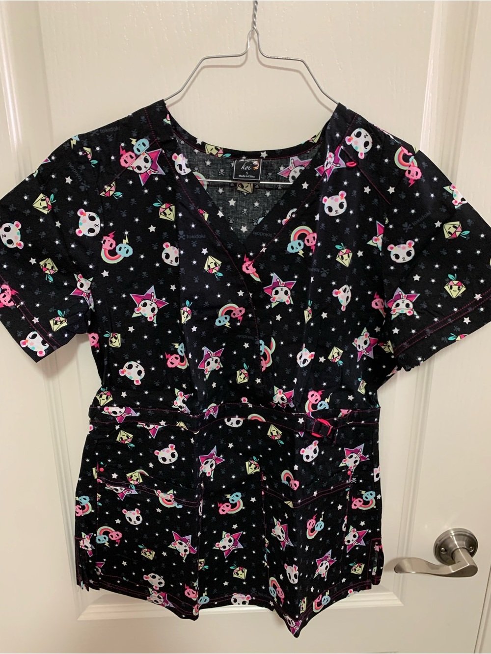 tokidoki Black V-Neck Scrub Top with Multicolor Cute Motifs